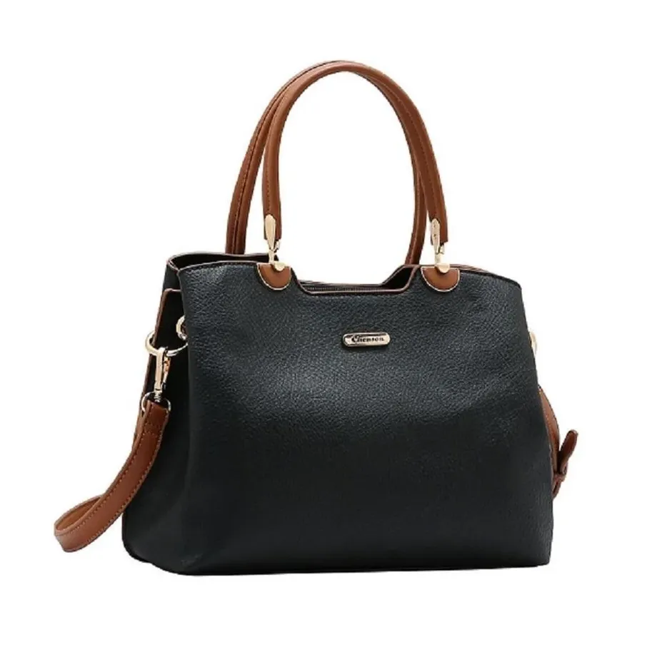 Bolsa feminina Chenson preta atemporal com alças e detalhes em marrom, vista frontal com logo metálico